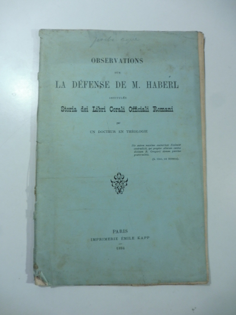 Observations sur la defense de M. Haberl intitulee Storia dei libri Corali Officiali Romani